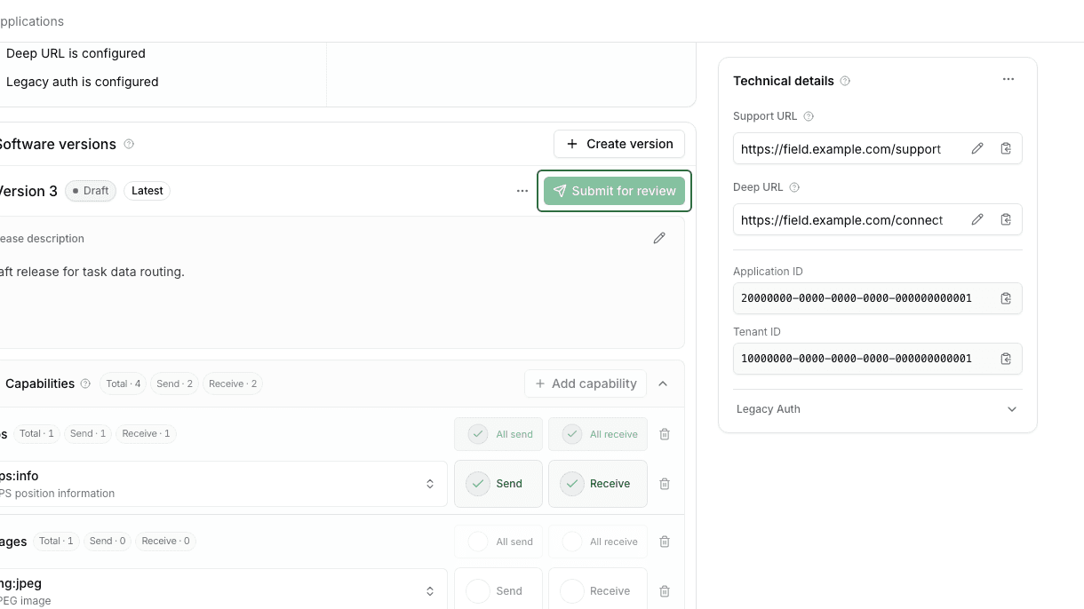 Developer Portal application version card with the Submit for review button highlighted