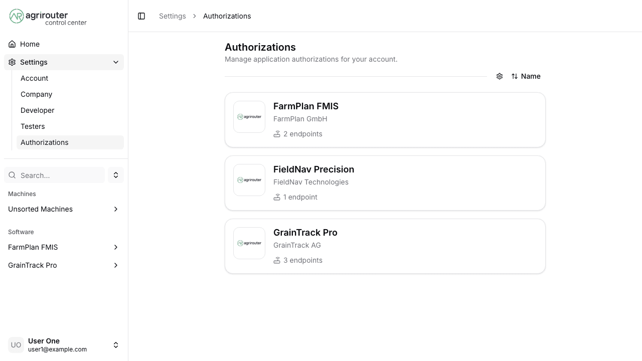 Authorization management page showing a list of authorized applications with scope badges, endpoint counts, and revoke buttons