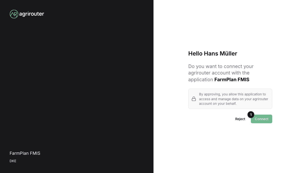 agrirouter consent page showing the application name, requested permissions, and Connect and Reject buttons