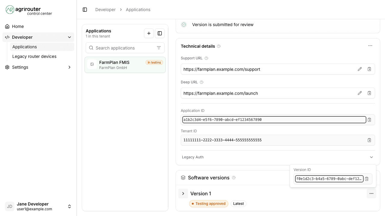 Developer area showing the application detail page and the software version detail page, with the application ID and software version ID highlighted