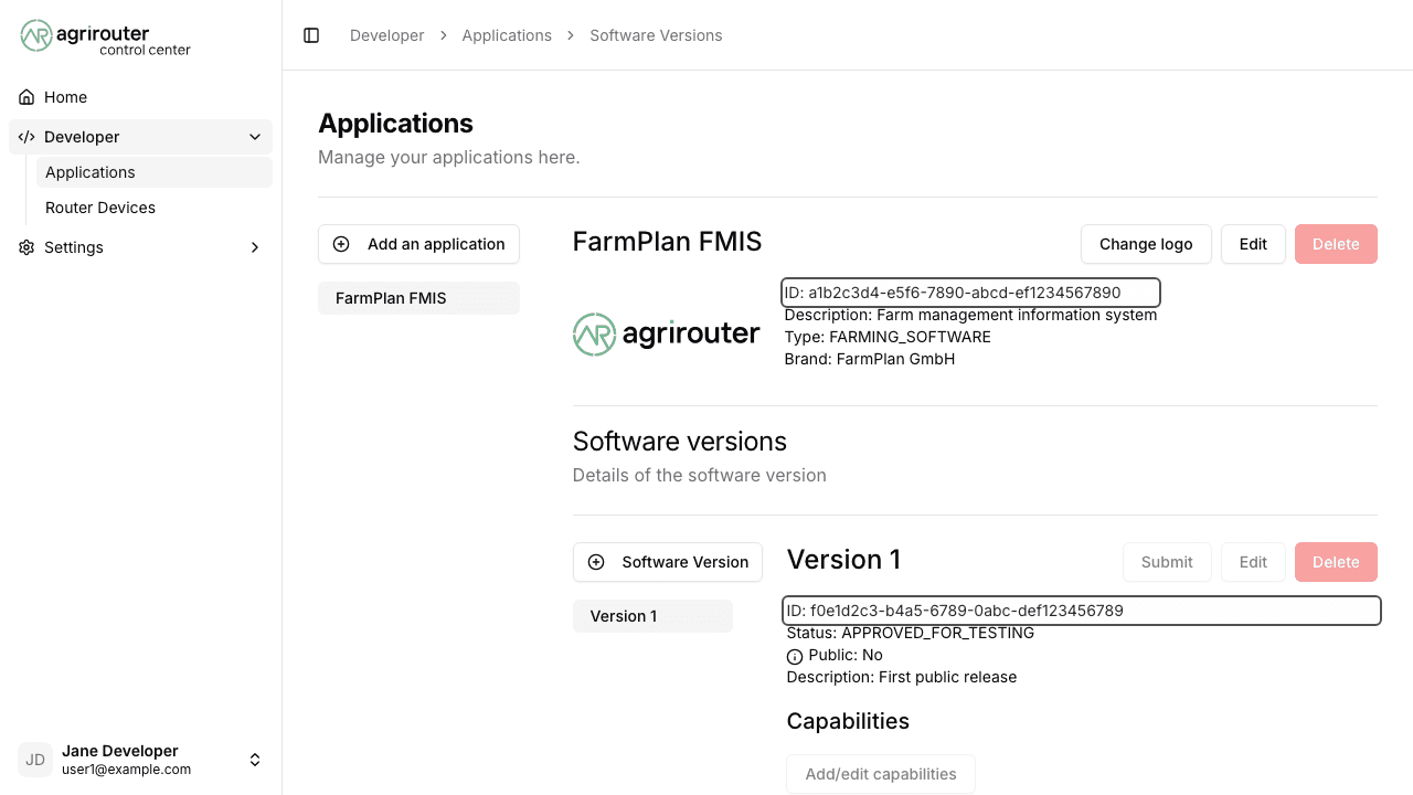 Developer area showing the application detail page and the software version detail page, with the application ID and software version ID highlighted