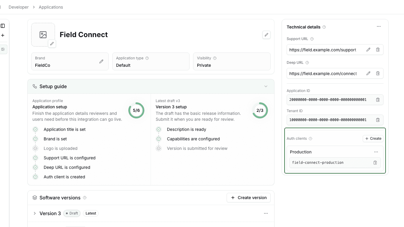 Developer Portal application workspace with the Auth clients area highlighted in Technical details