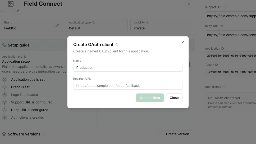 Developer Portal workspace with the Create OAuth client dialog open