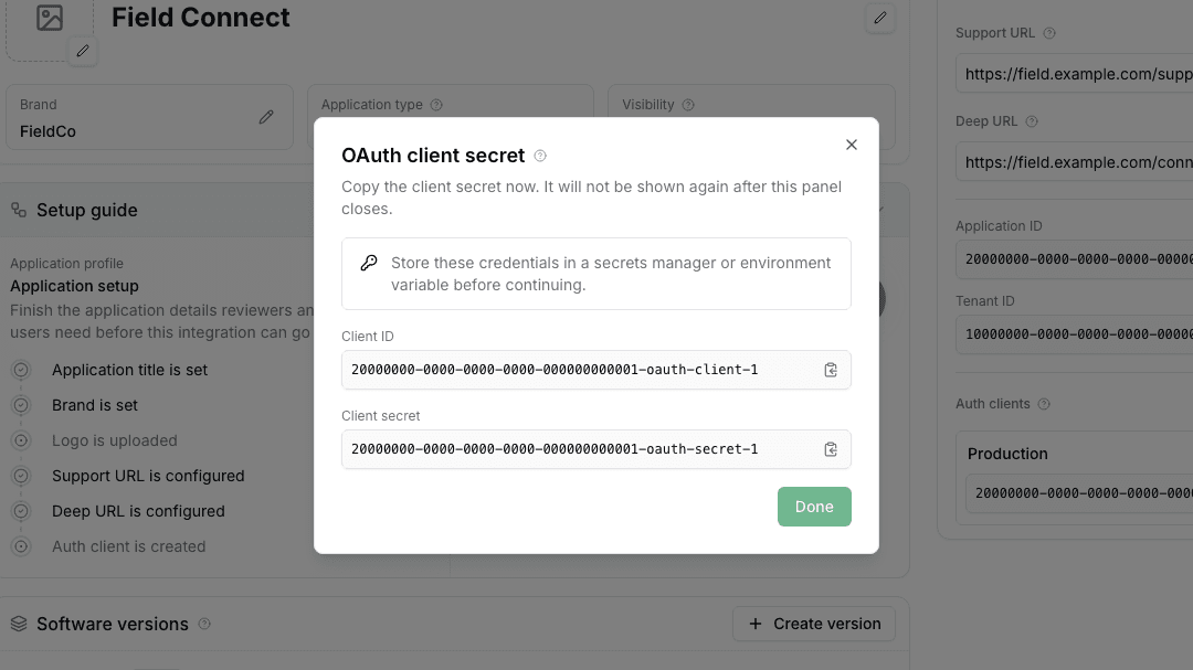Developer Portal workspace with the OAuth client secret dialog open