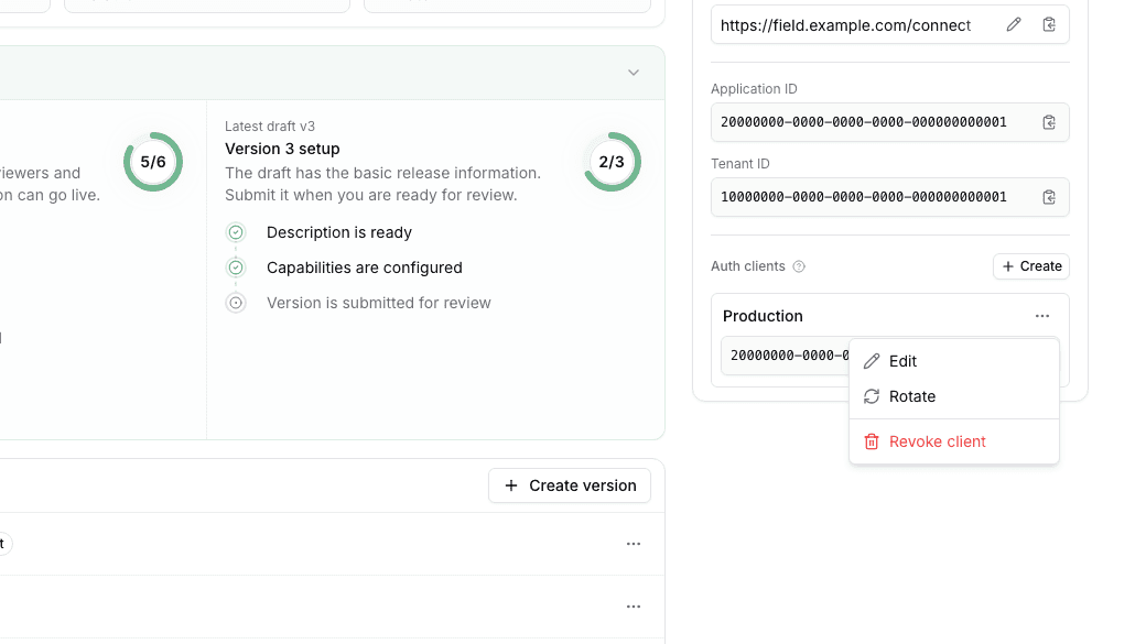 Auth clients list showing an OAuth client name and client ID without exposing a client secret
