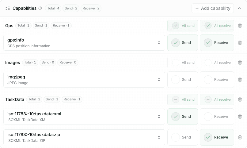 Developer Portal software version capability editor with grouped message types and send/receive toggles